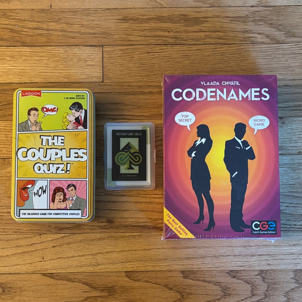 Games:  Codenames, couples Quiz and waterproof deck of cards.